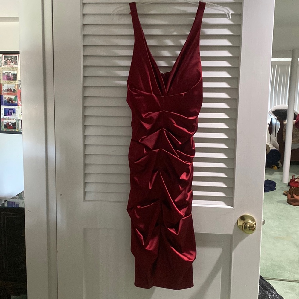 Nicole Miller satin ruched v-neck dress
